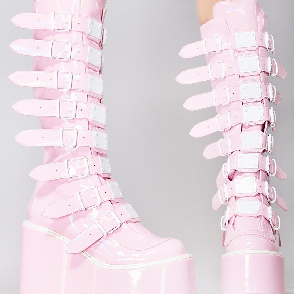 Demonia - SWING 815 Notice Me Hologram Pink Platform Boots - Picture 2 of 7